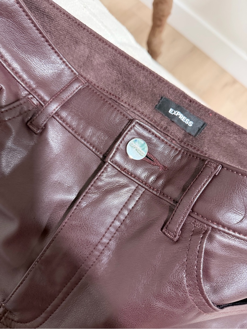 Express Women's Straight-Leg Faux-Leather Jeans in Burgundy